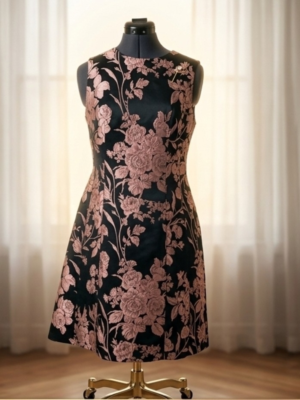 Eliza J Black Midi Dress with Rose-Pink Floral Jacquard